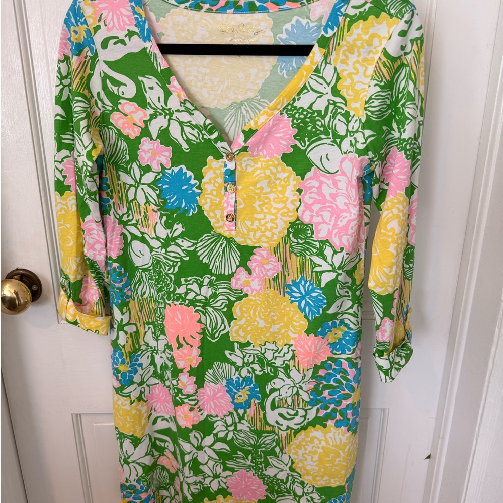 Lilly Pulitzer Green Floral 3/4 Sleeve V-Neck Dress size small